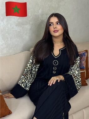 Black moroccan dress with Leopard Print Sleeves